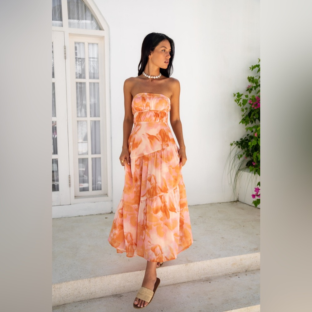 Strapless Orange Watercolor Midi Dress